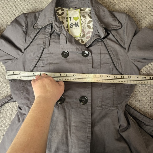 Soia & Kyo Gray Double Breasted Trench Coat Jacket Women's Large Belted Flared - Picture 6 of 9